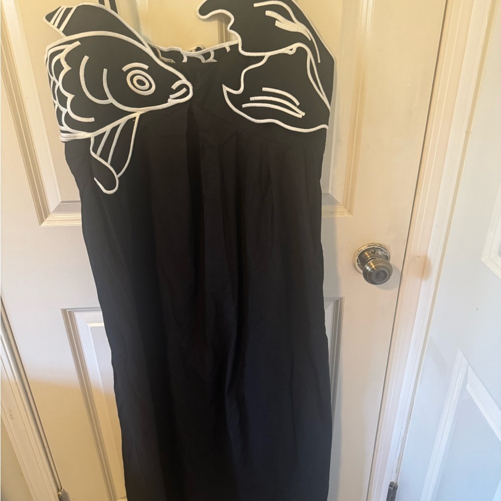Commense Black Maxi Dress with White Fish Embroidery